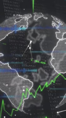 Animation of green arrows moving upwards and network of connections over spinning globe. Global networking and business technology concept