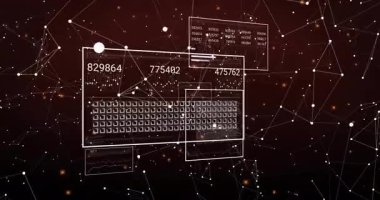 Titreşen düğümler, klavye oluşturan kablo dikdörtgenleri canlı verileri güncelleyen paneller. Teknoloji, veri, siber alan, görselleştirme, analitik, dijital, ağ