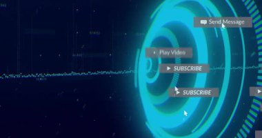 UI canlı uyarıları gösterirken abone simgesi slaytları olarak titreşen dalga formu ve dönen halkalar ile açılır. Fütürist, dijital, arayüz, teknoloji, veri, animasyon, gösterge paneli