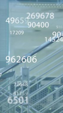 Animation of data processing over caucasian businesswoman working in office. Global business, finances, computing and data processing concept digitally generated video.