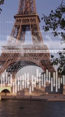 Eyfel Kulesi 'nin görüntüsüyle istatistiksel veri işleme animasyonu. Küresel ağ ve iş veri teknolojisi kavramı