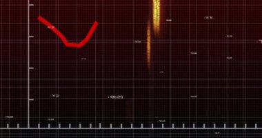Koyu kırmızı ızgara üzerinde görünen doğru çizgisi sarı çubukların altında zigzag çizerek eğilimleri gösteriyor. Veri analizi, finansal tablo, dijital arayüz, alarm analizleri, teknik görselleştirme, iş zekası, fiyatlandırma eğilimleri