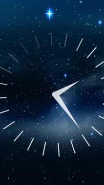 Siyah arka planda yıldızların üzerinde hareket eden saatin animasyonu. Zaman geçiyor, uzay ve bağlantılar konsepti dijital video.