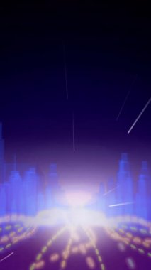 Koyu mavi zemin üzerinde hareketli çizgileri olan bir şehirdeki binaların 3D mimari çizimlerinin animasyonu 4k