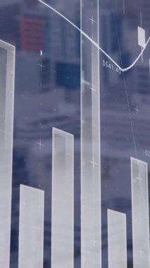 Şehir manzarasının havadan görüntüsüne karşı istatistiksel veri işleme animasyonu. Bilgisayar arayüzü ve iş teknolojisi kavramı