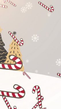 Kış manzarasına düşen şeker kamışı ve kar animasyonu. Noel, kış, gelenek ve kutlama konsepti dijital olarak oluşturulmuş video.