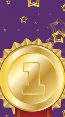 Yüzen yıldızların animasyonu ve mor arka planda altın madalya. Zafer, şenlik ve kutlama konsepti dijital olarak oluşturulmuş video.