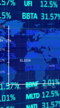 Mavi arkaplanda veri işleme animasyonu. Küresel iş ve dijital arayüz kavramı, dijital olarak oluşturulmuş video.