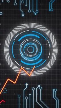 Bilgisayar devre kartından dijital veri işleme animasyonu. Dijital olarak oluşturulmuş küresel bağlantılar, hesaplama ve veri işleme kavramı.