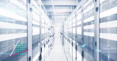 Sunucu koridorunda büyüyen turkuaz bar grafiğini duraklattıktan sonra, morumsu ve beyaz çizgiler takip eğilimlerini izledi. Teknoloji, veri, analitik, görselleştirme, modern, dijital, kurumsal