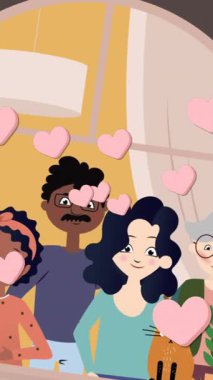 Kahverengi arkaplan üzerinde farklı çok nesilli aile animasyonu. Aile ve evlat edinme kavramı dijital olarak oluşturulmuş video.