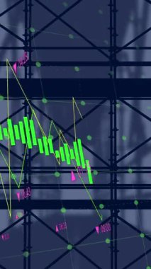 Ofis binası üzerinde finansal veri işleme animasyonu. küresel iş, finans, dijital arayüz ve dijital olarak oluşturulmuş video işleme kavramı.