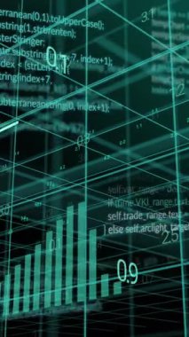 Siyah zemin üzerinde veri işleme katmanlarının ve grafiklerin animasyonu. Dijital olarak oluşturulmuş küresel iletişim, iş, finans ve veri arayüzü kavramı.