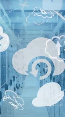 Animation of globe of digital icons spinning and data processing against computer server room. Computer interface and business data storage technology concept