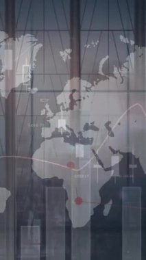 İstatistiksel veri işleme ve insanların yürüme ve şehir manzarasının hızlandırılmış dünya haritası. küresel ağ ve iş teknolojisi kavramı