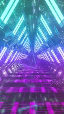 Dijital tünelde hareket eden neon şekillerin animasyonu. Soyut arkaplan, geçmişe dönük gelecek ve dijital olarak oluşturulmuş görüntü konsepti.