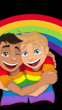 Gökkuşağı arka planında gökkuşağı tişörtlü eşcinsel erkek çiftin animasyonu. Gurur ayı, lgbt, eşitlik ve insan hakları konsepti dijital olarak oluşturuldu.