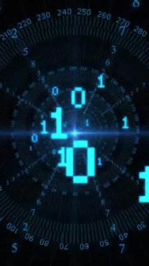 Dürbün üzerinden ikili kodlama ve veri işleme animasyonu. Küresel hesaplama, veri işleme, dijital arayüz ve bağlantılar konsepti dijital olarak oluşturuldu.