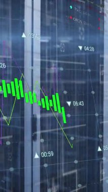 Animation of data processing against computer server room. Computer interface and business data storage technology concept