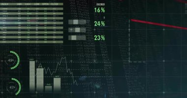Şeffaf panel, halkalar düşerken ve çubuklar tabloları birleştirmeye karar verince stok tablosunun küçülmesine neden oluyor. Finansal, analitik, gösterge paneli, teknoloji, veri, modern, gelecekçi