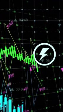 Siyah arkaplan üzerinde veri işleme ve dijital simgelerin animasyonu. Bilgisayar arayüzü ve iş teknolojisi kavramı