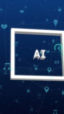 Simgelerle ve bağlantı ağlarıyla ai veri işleme animasyonu. Dijital olarak oluşturulmuş küresel yapay zeka, bağlantılar, hesaplama ve veri işleme kavramı.