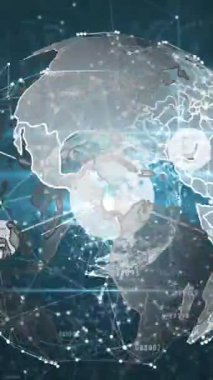 Dönen dünya üzerindeki dijital simgelerin ve siyah arkaplandaki mavi ışık noktalarının animasyonu. Küresel ağ ve iş teknolojisi kavramı