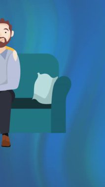 Mavi ve yeşil arka planda oturan mutlu ebeveynlerin canlandırması. aile, sevgi, sağlık ve birliktelik kavramı dijital olarak oluşturulmuş video.