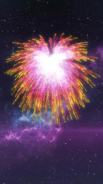 Noel animasyonu ve gece gökyüzünde yeni yıl havai fişekleri. Elektrikli flaş ve pembe ışıkla. Noel, yeni yıl, kutlama, parti ve geleneksel konsept dijital olarak oluşturulmuş video.