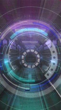 Animation of three dimensional illuminated tunnel with circular shape sign. Digital composite, technology, connection, futuristic, multiple exposure.