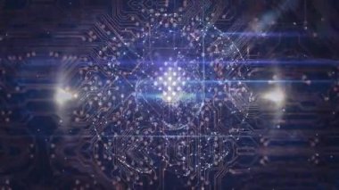 Parlayan parçacıklar merkezde birleşerek kablo küreyi oluşturur, gelişmekte olan veri ağını görselleştirir. Teknoloji, dijital, ağ, devre, yenilik, fütüristik, soyut