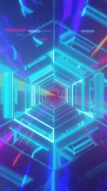 Parlak renkli hareket eden ışıkların üzerindeki mavi neon tünel yapısının animasyonu. İşlem, veri, enerji, ışık, bağlantı, işleme, teknoloji ve iletişim, dijital olarak oluşturulmuş video.