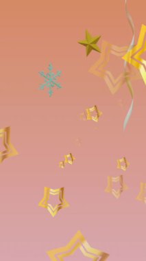 Turuncu arka plandaki dekorasyonların üzerindeki yıldızların animasyonu. Yeni yıl, gelenek ve kutlama konsepti dijital olarak oluşturuldu.