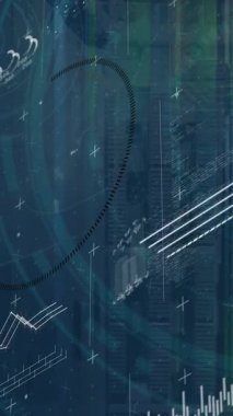 İkili kodlama üzerine finansal veri işleme animasyonu. Küresel işletme veri işlemeyi ve dijital olarak üretilen video konseptini finanse eder.