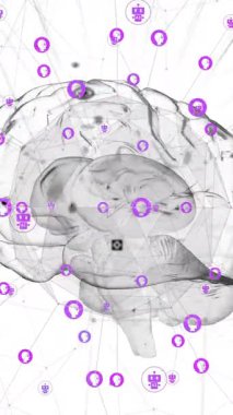 Veri işlemenin animasyonu ve dijital beyin dönüşünün üzerindeki simgeler. İş, teknoloji ve dijital arayüz kavramı dijital olarak oluşturuldu.