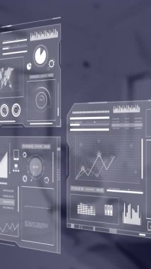 Ofis üzerinde istatistik ve veri işleme animasyonu. Küresel finans, iş, bağlantılar, hesaplama ve veri işleme kavramı dijital olarak oluşturulmuş video.