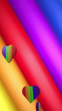 Gökkuşağı çizgileri üzerinde gökkuşağı kalplerinin animasyonu ve kusursuz döngü üzerinde hareket eden renkler. Gurur ayı, lgbtq, insan hakları ve eşitlik kavramı dijital olarak oluşturulmuş video.