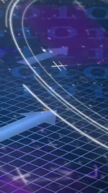 Kapsam taraması animasyonu, ikili kodlama ve şebeke arka planında mavi oklar. Dijital arayüz küresel bağlantı ve dijital olarak oluşturulan iletişim konsepti.