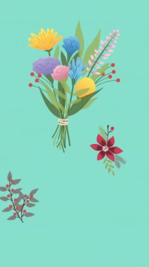 Düşen yapraklar, renkli çiçekli böğürtlenler ve mavinin ortası. Doğa, bahar, yaz ve refah ekran şablonu konsepti, dijital olarak oluşturulmuş video.