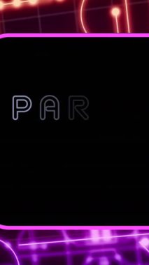 Parti metninin canlandırılması, bilgisayar devre kartında veri işleme. Küresel eğlence, veri işleme, dijital arayüz ve bağlantılar konsepti dijital olarak oluşturulmuş video.