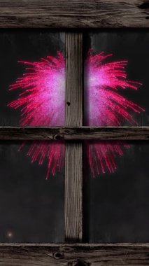 Pencere animasyonu pembe noeller ve gece gökyüzünde yeni yıl havai fişekleri. Noel, yeni yıl, kutlama, parti ve geleneksel konsept dijital olarak oluşturulmuş video.