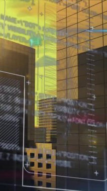 Bulutlu gökyüzüne karşı modern binalar üzerinde grafiklerin, metinlerin ve bilgisayar dillerinin animasyonu. Dijital bileşim, teknoloji, rapor, iş, programlama dili, kodlama ve mimari konsepti.