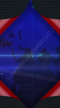 Harita üzerinde açılan kağıtların animasyonu, ikili kodlar, soyut arkaplanda programlama dili. Dijital olarak üretilmiş, hologram, küresel, kodlama, makine öğrenme ve teknoloji kavramı.