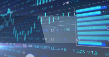 Şebeke arkaplanı görünüyor, grafikler yükseliyor ve güncelleniyor, halkalar doluyor, pazar eğilimlerini görselleştiriyor. Finans, teknoloji, analitik, veri, gösterge paneli, görselleştirme, dijital