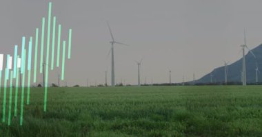 Canlandırılmış ses dalgası çubukları, rüzgar türbinleri üzerinde yükselerek ve titreşerek simülasyon seviyelerini oluşturmaya başlar. Yenilenebilir, sürdürülebilirlik, ekoloji, dijital, soyut, enerji, teknoloji