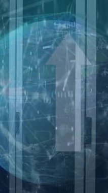 Animation of globe, connected dots, up arrow, computer language, graphs over data server racks. Digital composite, growth, coding, globalization, network security, report, technology, data center.