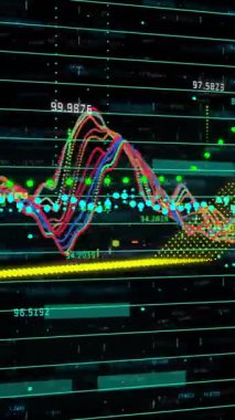 Karanlık arka planda finansal veri işleme sisteminin animasyonu. Küresel finans, iş, bağlantılar, hesaplama ve veri işleme kavramı dijital olarak oluşturulmuş video.