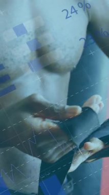 Animation of digital interface with statistics scanning and data processing over 
male boxer with her male coach boxing. Global computer network technology concept digitally generated image.