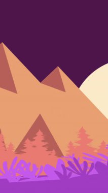 Ahşap üzerinde ayın ve mor arka planda tepelerin animasyonu. Doğada huzur ve güzellik, manzara manzarası.