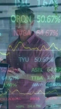 Animation of financial data processing over diverse businesswomen in office. Global business, finance, computing and data processing concept digitally generated video.